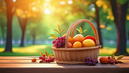 a basket of mixed fruits, oranges and grapes on a wooden table in the park