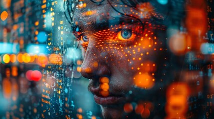 Man with digital data overlay on face - generative ai