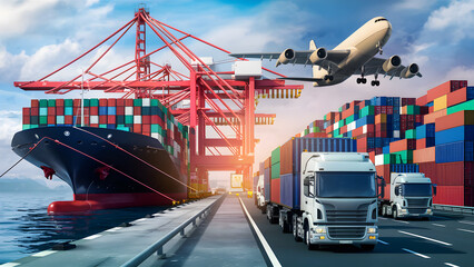 System transport and logistics of truk container cargo ship and cargo plane. Transportation and logistics of container ships and cargo planes. 3D rendering and illustration.