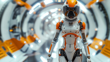 Female-figure robot humanoid walking through the long spaceship corridor