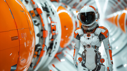 Female-figure robot humanoid walking through the long spaceship corridor