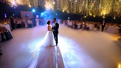 A bride and groom embracing on the dance floor, surrounded by twinkling lights and their guests.