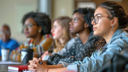 A diverse group of students attentively listening in a classroom setting, showcasing focus and engagement in higher education.