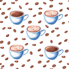 Obraz premium Seamless pattern with a cup of cappuccino and black coffee in watercolor illustration. Hand drawn pattern with coffee for packaging, coffee shops, cookbooks, bakeries.