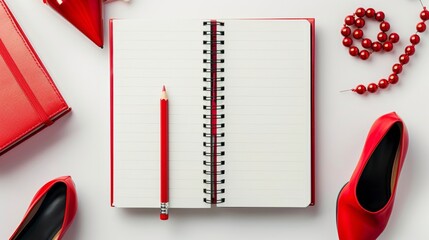 Open notebook with a red pencil on a white desk. Stylish red elements include shoes, beads, a folder, and a triangular notepad creating a cohesive look.