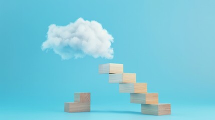 Fototapeta premium Dream big symbol in wooden blocks staircase to clouds on blue background Aim high to reach aspirations