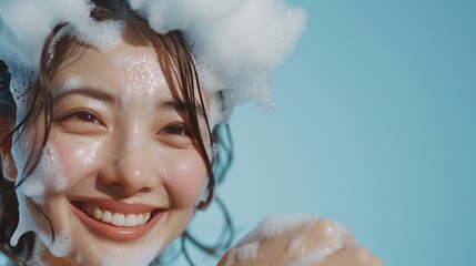 Japanese women smiling while washing her hair .and shampoo on hair and cute face .