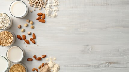 A top-down view of assorted plant-based milks, ingredients, and nuts arranged on a white wood tabletop
