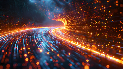 A dynamic digital data stream visual showing a futuristic, high-speed network with glowing lines and bokeh effects in vibrant colors.