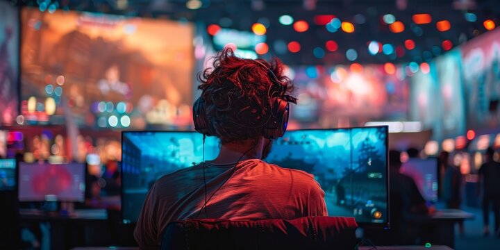 World region gaming expo, gaming industry event or gaming competition amusement, with many live-action players, Generative AI