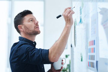 Man, writing and morning in office with whiteboard for brainstorming, thinking and planning for day ahead or creative tasks. Project manager, ideas and thoughts for campaign schedule and goal setting