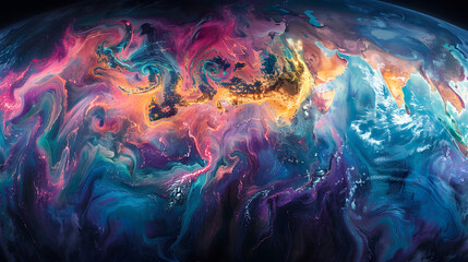 Fototapeta premium Abstract swirling colorful pattern resembling the earth seen from space, showcasing vibrant hues of blue, pink, and yellow.