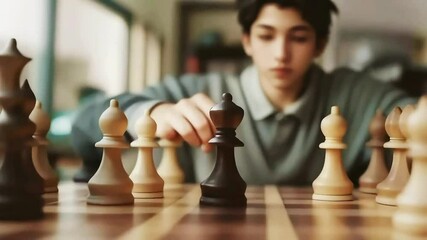 World International Chess Day, young students playing on checkerboard, seamless loop
