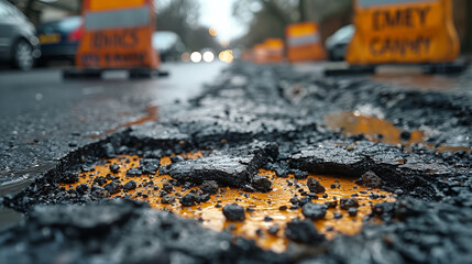 Naklejka premium Damaged asphalt road with crumbling surface and scattered debris, revealing underlying yellow paint. Concept of infrastructure decay, road maintenance, and urban challenges.