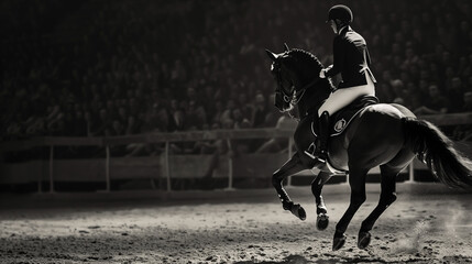A rider performing a gymnastic element on a horse in a vaudeville setting. Highlights the precision and elegance of equestrian vaulting.