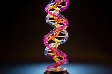 Colorful twisting double helix model A double helix DNA strand with vibrant base pairs