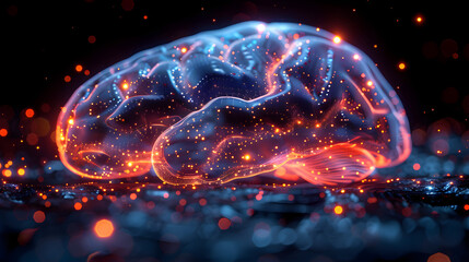 Futuristic glowing brain hologram with vibrant colors and neon lights, symbolizing artificial intelligence and advanced neural networks.