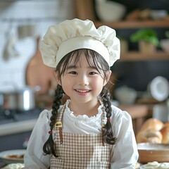 little child in uniform of chef dress and wearing white chefs and smile face 