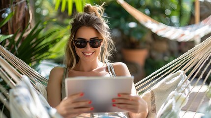Woman Relaxing in Hammock With Tablet