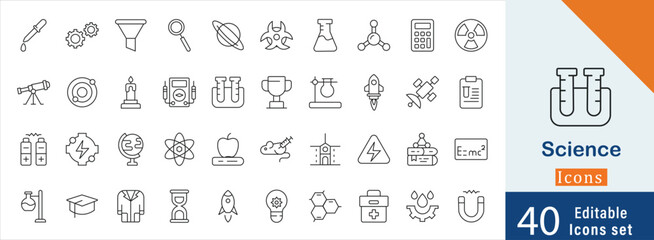 Set of 40 Scientific essential vector icons for discovery and exploration. containing telescope, atom model, DNA helix, laboratory burner, chemical reaction and more icons. simple outline icon.