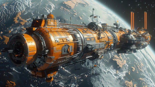Futuristic orange spaceship orbiting Earth, showcasing advanced technology in outer space with a detailed background of the planet below.
