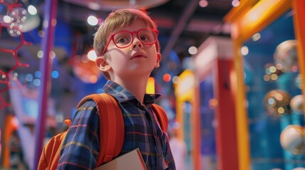 Obraz premium Curious child wearing glasses with a backpack explores a museum with colorful displays and exhibits, holding a book and looking fascinated.