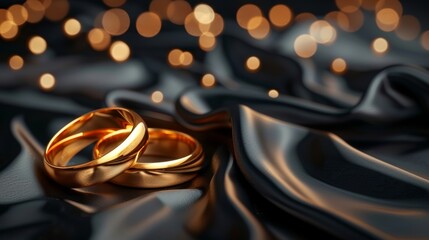 Premium image  close up of two gold wedding rings on black silk background with bokeh, copy space