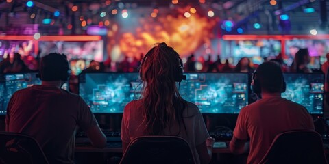 World region gaming expo, gaming industry event or gaming competition amusement, with many live-action players, Generative AI