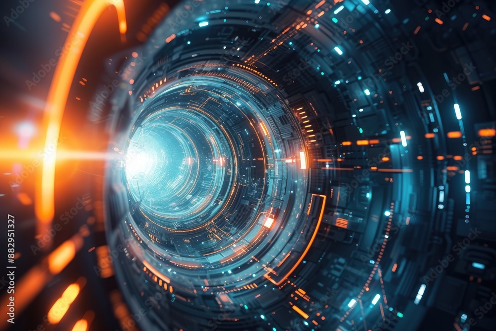 Poster futuristic digital tunnel with lights a futuristic abstract background with technological elements