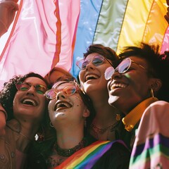 pride of group of diverse friends with rainbow . and all are wearing sunglass and smile together.