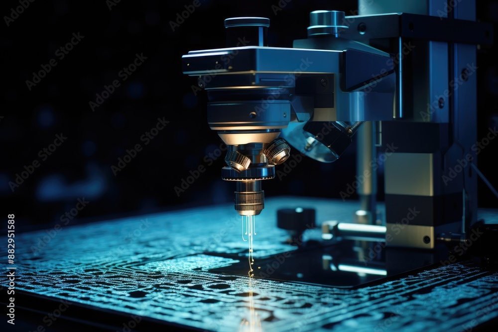 Poster precision machine tool in operation a futuristic microscope capturing nanoscale structures