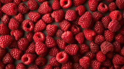 A close-up view of a pile of fresh, ripe red raspberries, with green leaves interspersed throughout
