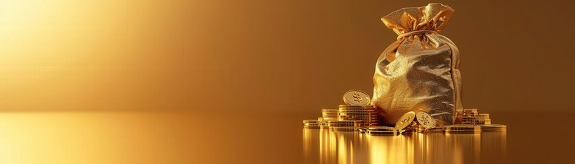 Obraz premium Golden Bag of Coins on Reflective Surface with Warm Lighting and Gradient Background