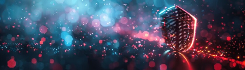 Futuristic Digital Shield with Glowing Lights and Bokeh Effect in a Cybersecurity Concept