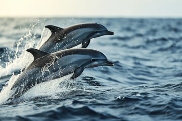 Naklejka premium Graceful leaping dolphins A group of playful dolphins leaping in the open sea