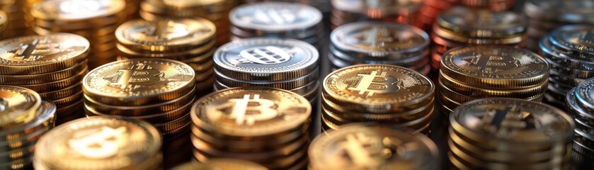 Stacks of Shiny Bitcoin and Cryptocurrency Coins in Close-Up View
