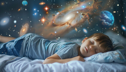 In the image, a little boy is peacefully asleep on a bed with a galaxy in the background