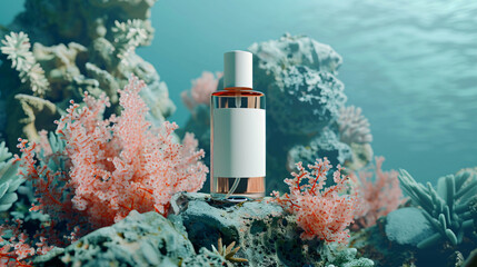 Cosmetic bottle mockup with blank label. Skin care with marine minerals
