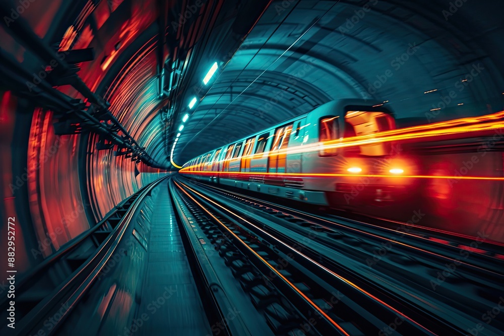 Poster futuristic illuminated tunnel with light trails a hyperloop train speeding through a vacuum tube sta