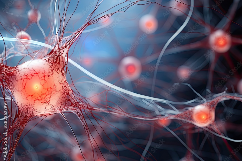 Poster Complex neural network glowing synapses A journey through the human brain exploring its complex network of neurons in 3D