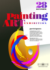 Naklejka premium Palette and bright brush strokes painting art exhibiton advertising poster creative template design. Editable EPS 10 vector format
