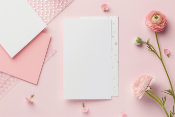 highly detailed stationery set, white paper with grain, blank paper, solid pink, top view, clean sharp focus, in a modern, feminine, minimalist style with polka dot decor, geometric composition