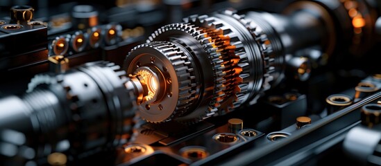 Close-up of Industrial Machine Gears with Glowing Lights in a High-Tech Manufacturing Environment