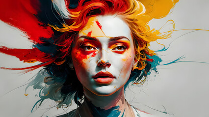 Fototapeta premium A captivating abstract portrait of a woman's face, wherein bold, vivid colors of red, yellow, blue, and white 