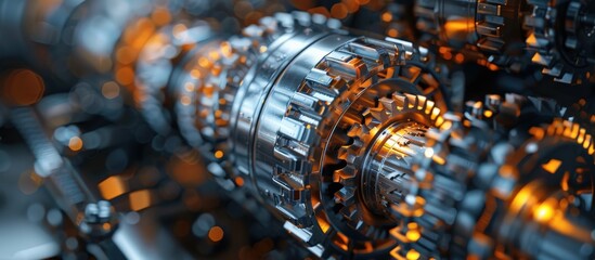 Close-up of Shiny Metallic Gears and Cogs in Motion with Warm Lighting