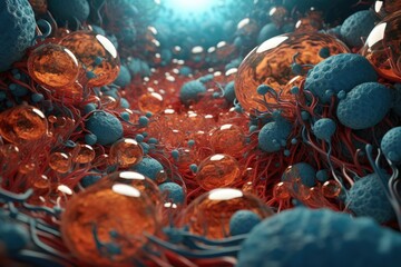 Colorful spherical structures intricate textures vivid hues A microscopic journey through a cell showcasing its organelles in stunning 3D detail