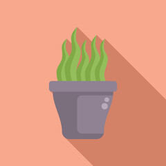 Green plant growing in a pot with long shadow, flat style illustration