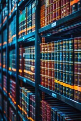 Colorful Rows of Leather-Bound Books on Shelves in a Library with Warm Lighting