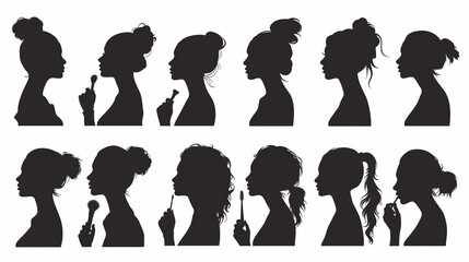 メイクをする女性の横顔シルエット 美容 メイクブラシ リップ アイコン 化粧品