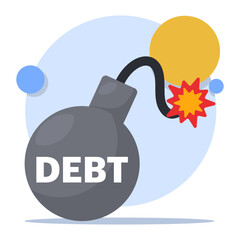 Debt concept. The exploding fireball of debt is like a financial time bomb. financial obligations or loan payments, heavy burden due to failure of money, mortgage or borrowed money. flat vector.